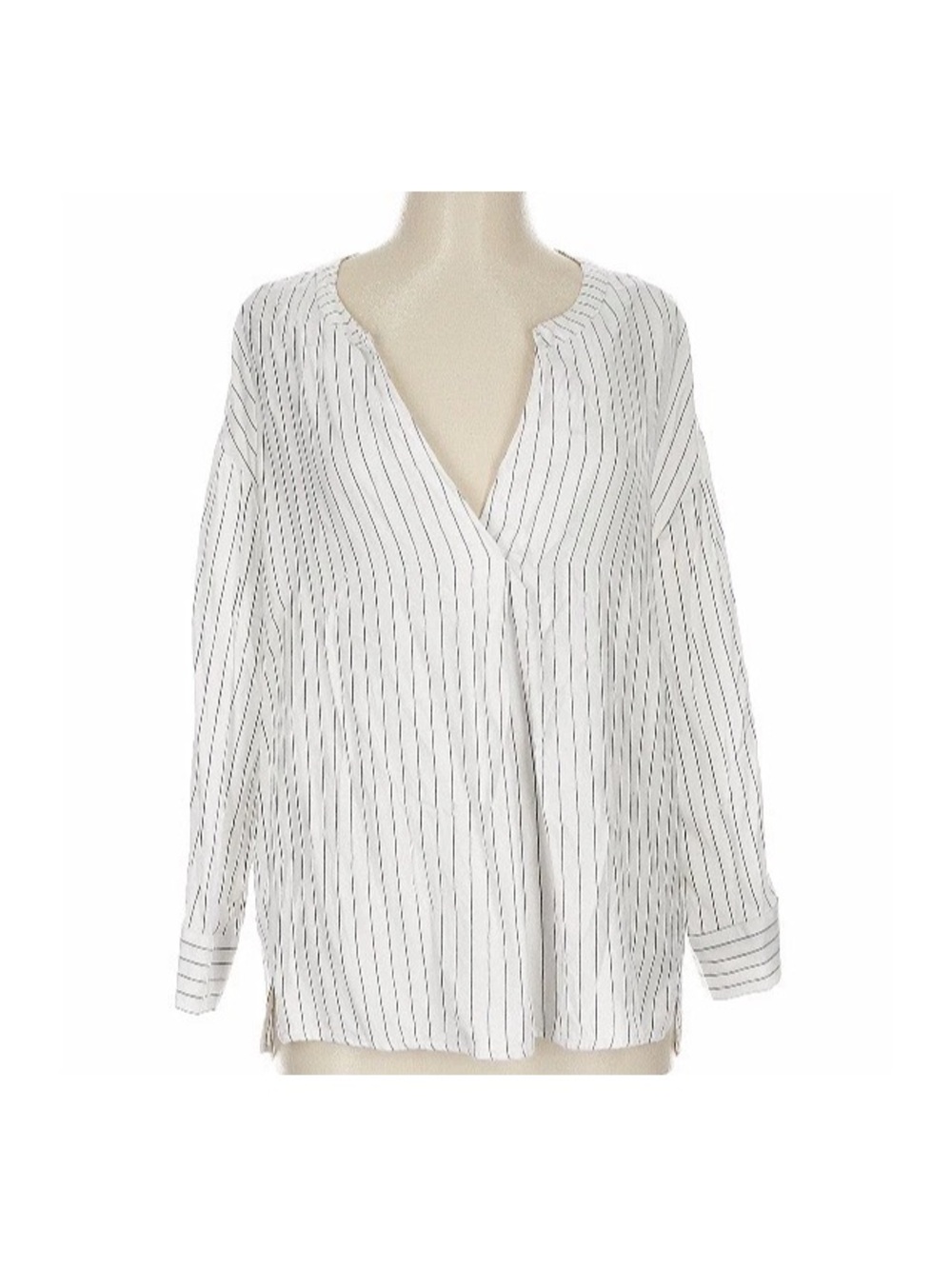LOFT Lounge White Soft Viscose Popover Tunic V Neck Long Sleeve Blouse Striped L - Picture 10 of 10